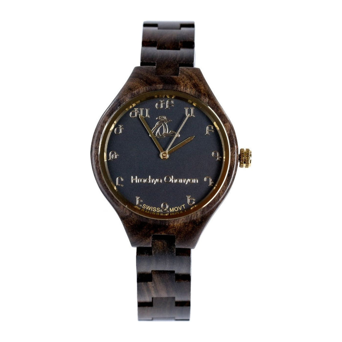 Damen-Armbanduhr aus Nussbaumholz mit armenischem Alphabet, Schwarz
