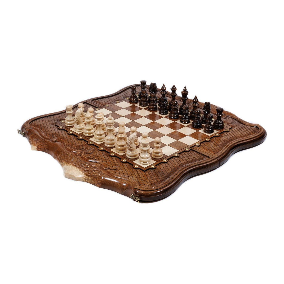 Schach- und Backgammon-Set aus Nussbaum mit Flechtornament & Ararat, 60 cm (Modell 32112)