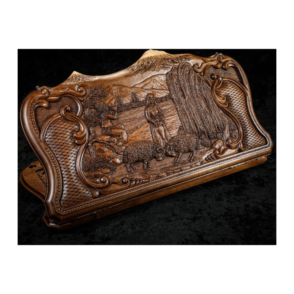 Walnut Backgammon Set with Rural Scene, Inlay & Ararat, 60 cm