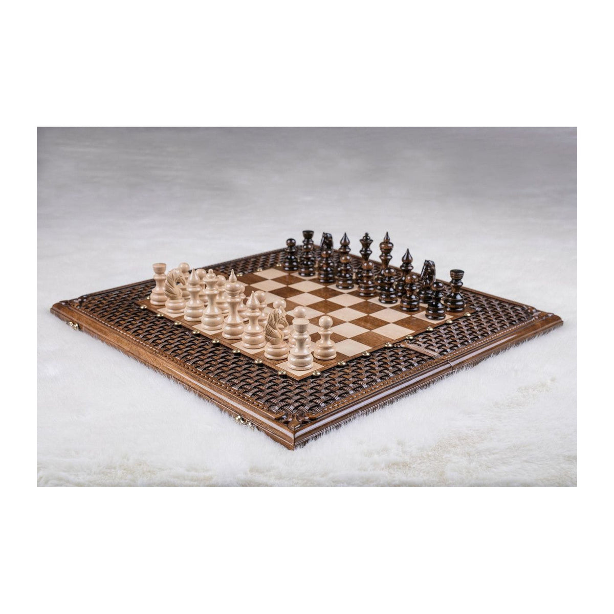 Walnut Chess & Backgammon Set with All-Over Braid Carving, 60 cm