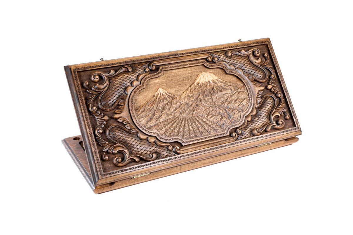 Handmade walnut backgammon board with the Mount Ararat outline