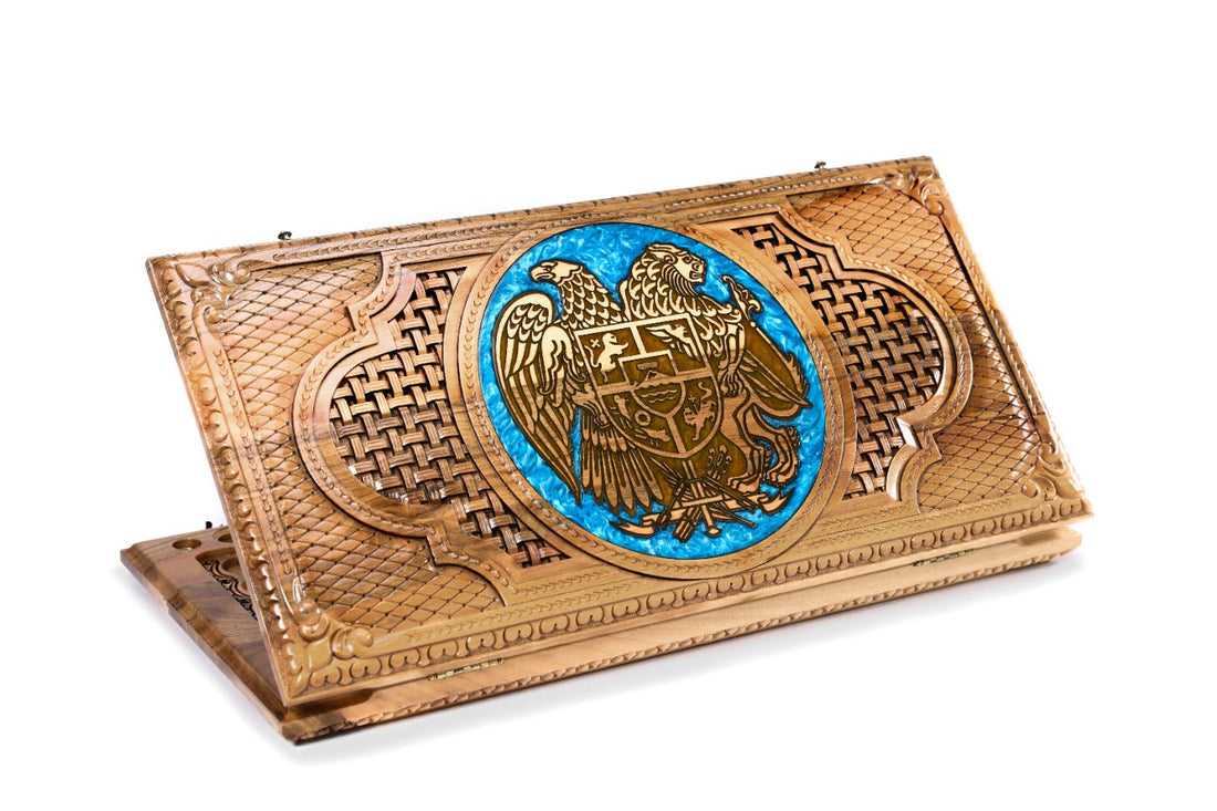 Walnut backgammon set with the Armenian coat of arms and braided motifs