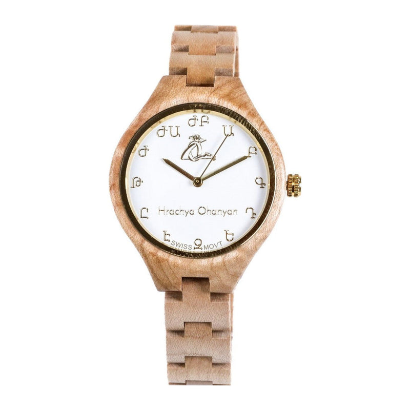 Holz-Armbanduhren – helle, ahornfarbene Holzuhr mit weißem Zifferblatt und Gliederarmband aus Holz