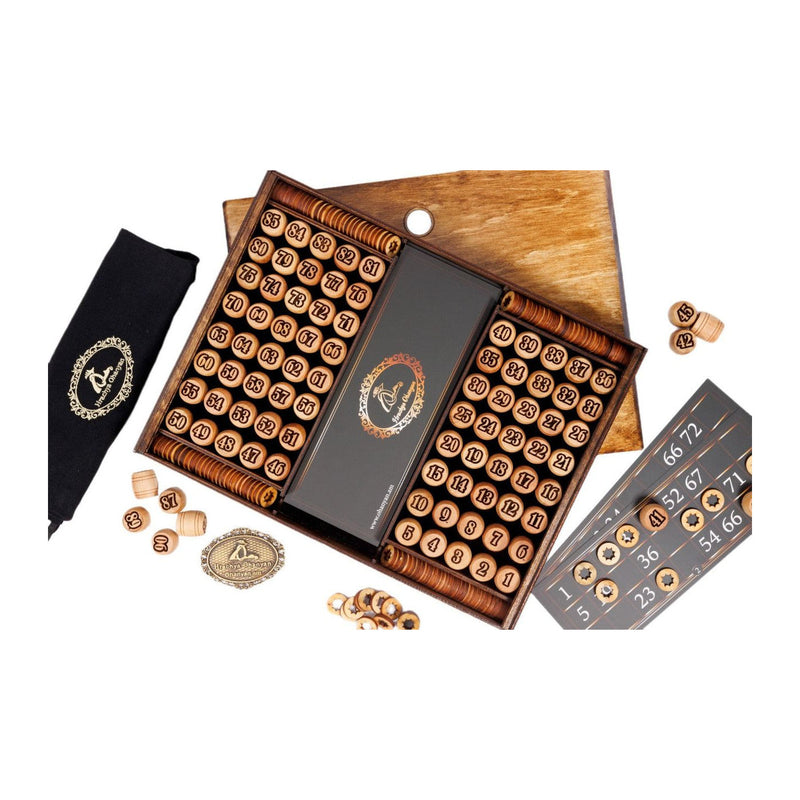 Lotto-Spiel aus Holz – Lotto-Set aus Holz in einer Box mit nummerierten Spielsteinen, Karten und einem Stoffbeutel