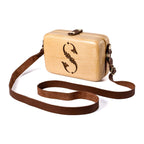 Beigefarbene Holztasche mit Lederriemen (Modell 53366-1)
