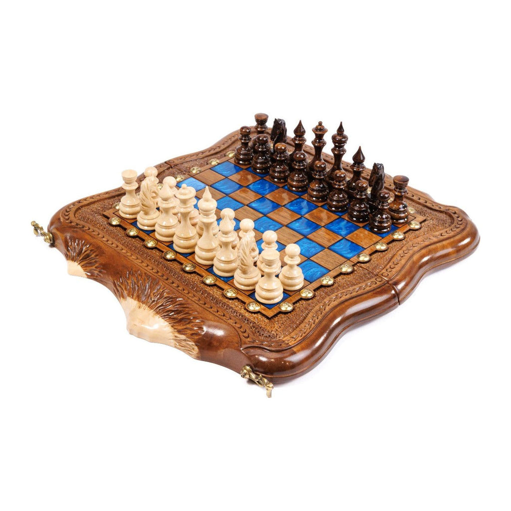 Juego de ajedrez y backgammon de nogal: incrustación de resina epoxi