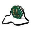 Wooden Handbag: Luxury Bag with Leather Handle – hexagonal green wooden handbag with a gold engraved letter