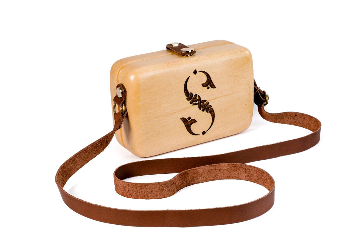Beigefarbene Holztasche mit Lederriemen (Modell 53366-1) – Foto 3