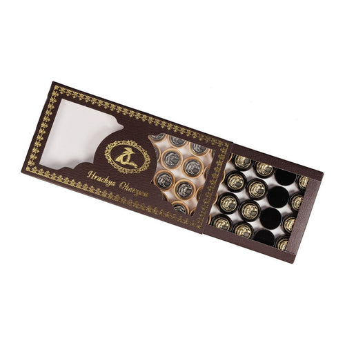 Backgammon-Steine aus Bronze mit Adler-Motiv – Backgammon-Spielsteine mit eingelegten Adlern aus Bronze in einer Geschenkbox mit Logo