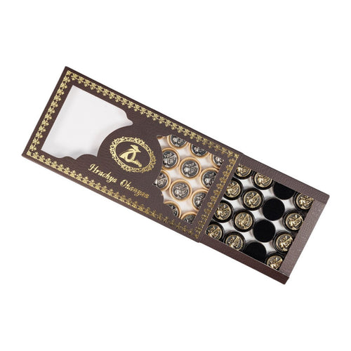 Backgammon-Steine aus Bronze mit Tauben-Motiv – Backgammon-Spielsteine mit eingelegten Tauben aus Bronze in einer Geschenkbox mit Logo