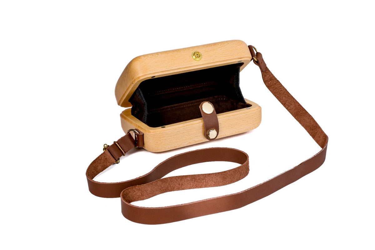 Beigefarbene Holztasche mit Lederriemen (Modell 53366-1) – Foto 5