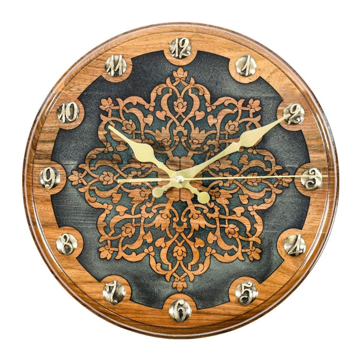 Handmade Walnut Wall Clock with Uzbek Ornament and Armenian Ornament, 30 cm