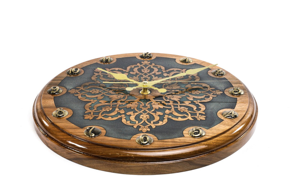 Handmade Walnut Wall Clock with Uzbek Ornament and Armenian Ornament, 30 cm - photo 2
