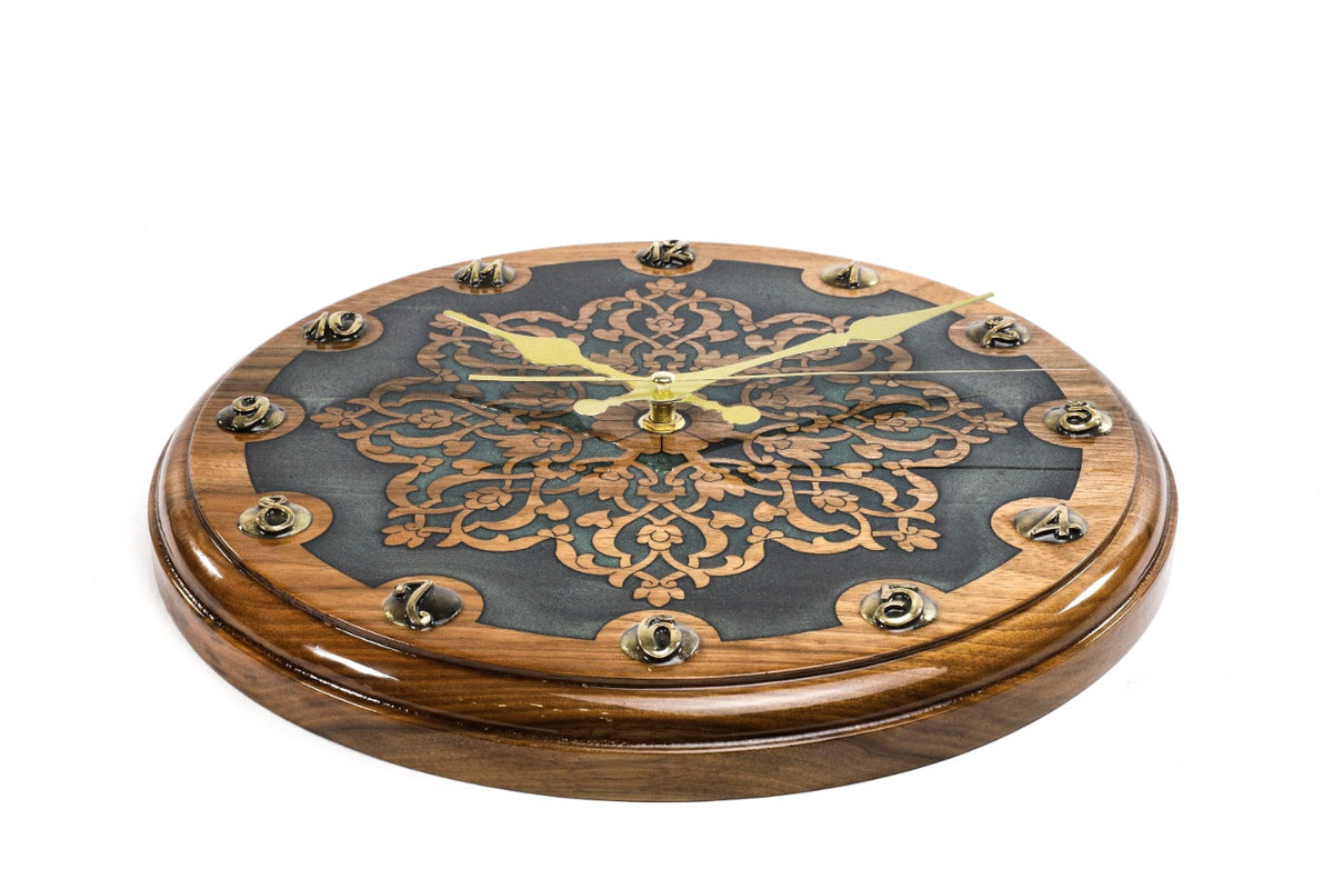 Handmade Walnut Wall Clock with Uzbek Ornament and Armenian Ornament, 30 cm - photo 2