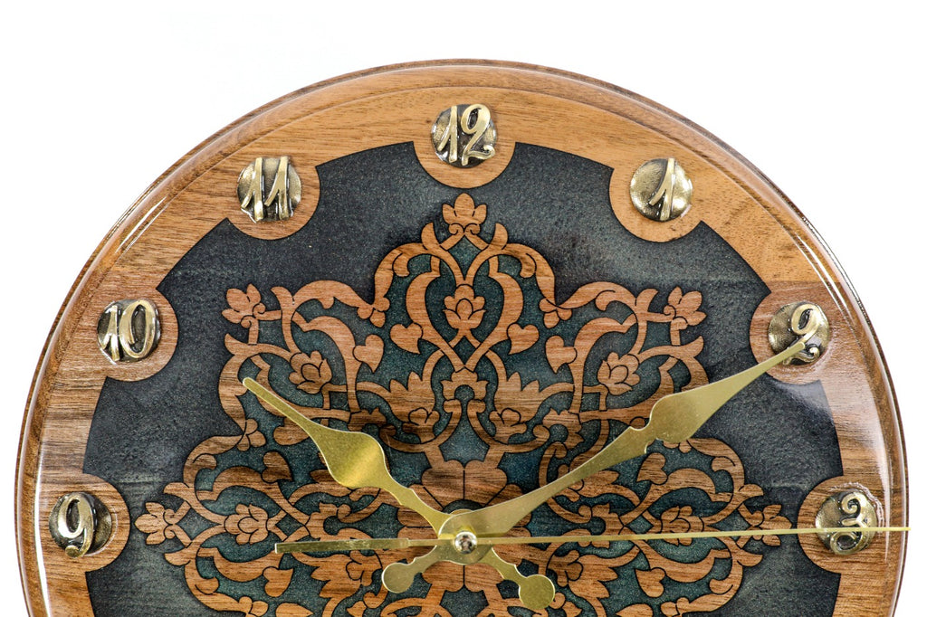Handmade Walnut Wall Clock with Uzbek Ornament and Armenian Ornament, 30 cm - photo 3