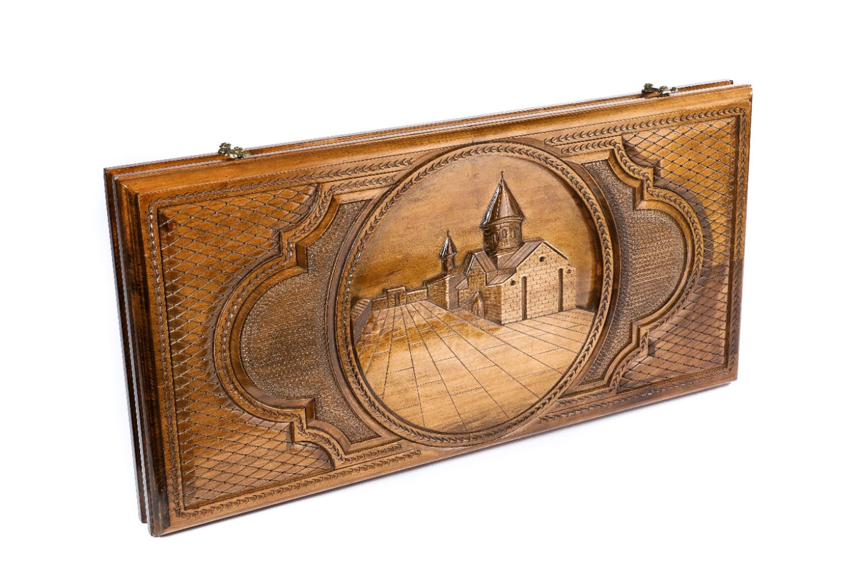 Handmade Wooden Two-Sided Backgammon Set with Garni Temple and Geghard Monastery, 60 cm - photo 4