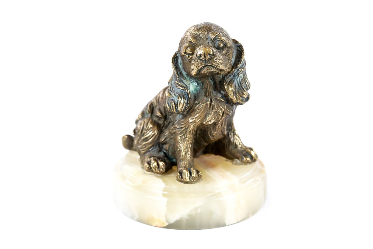 Handmade Bronze and Marble Puppy Spaniel Sculpture