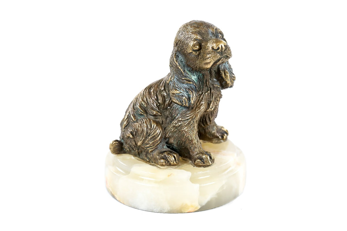 Handmade Bronze and Marble Puppy Spaniel Sculpture - photo 2