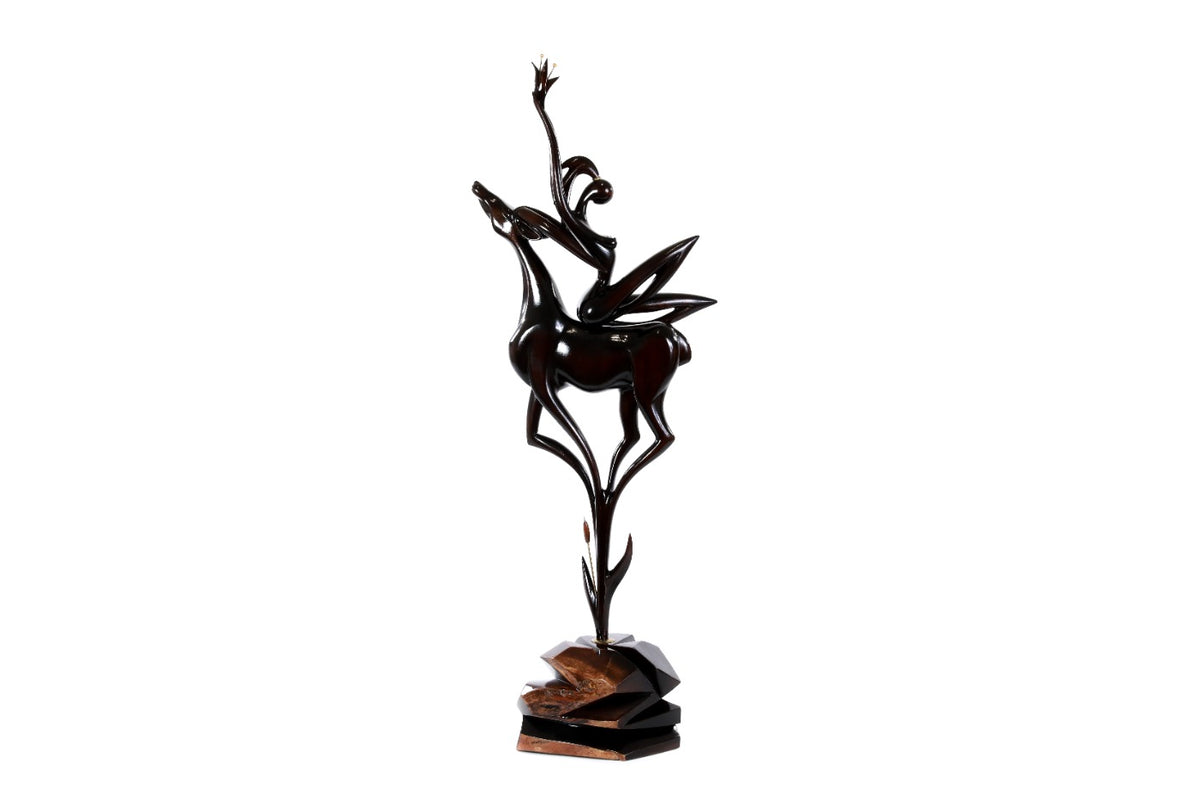 Hand-Carved Wooden Girl with Antelope Sculpture