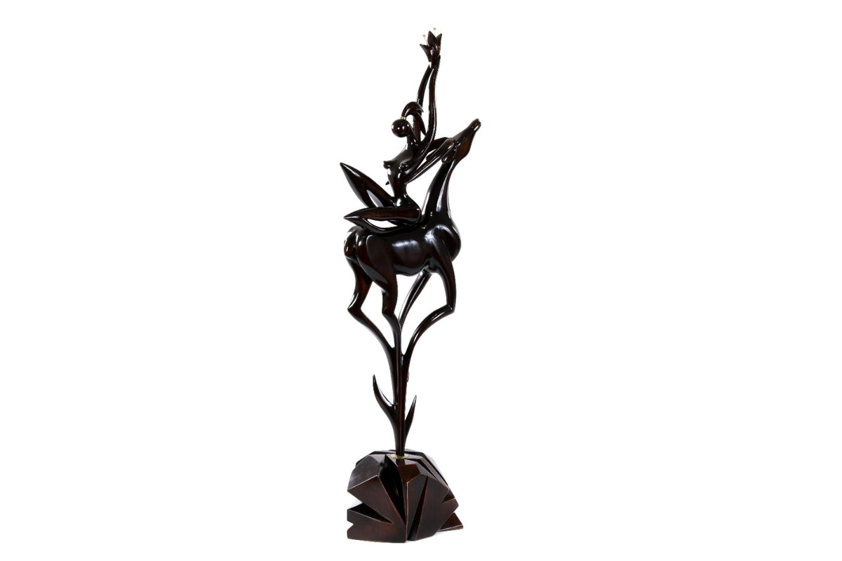 Hand-Carved Wooden Girl with Antelope Sculpture - photo 2