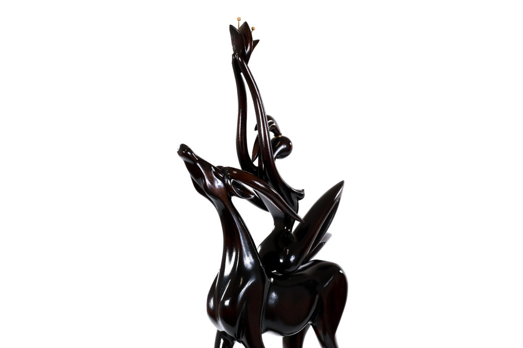 Hand-Carved Wooden Girl with Antelope Sculpture - photo 4