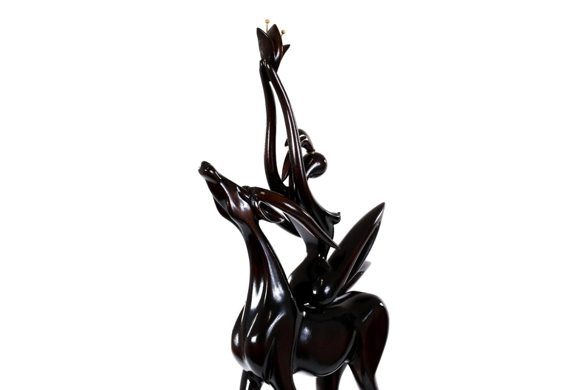 Hand-Carved Wooden Girl with Antelope Sculpture - photo 4