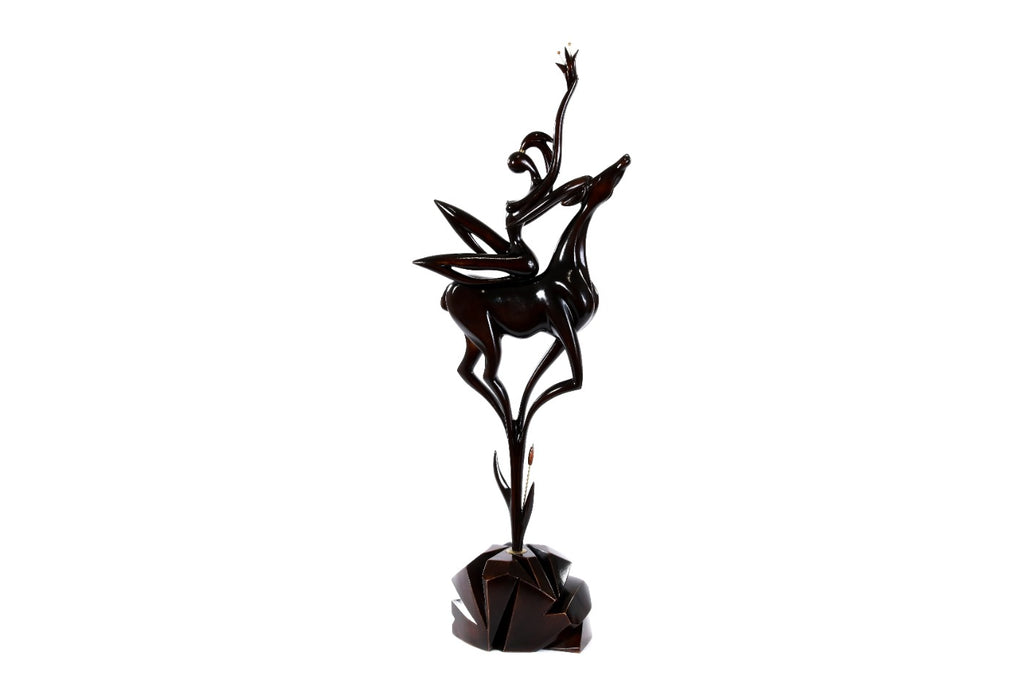 Hand-Carved Wooden Girl with Antelope Sculpture - photo 5