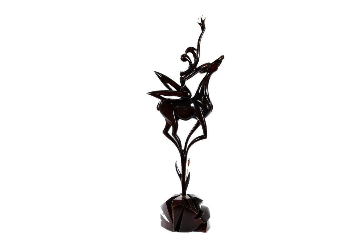 Hand-Carved Wooden Girl with Antelope Sculpture - photo 5