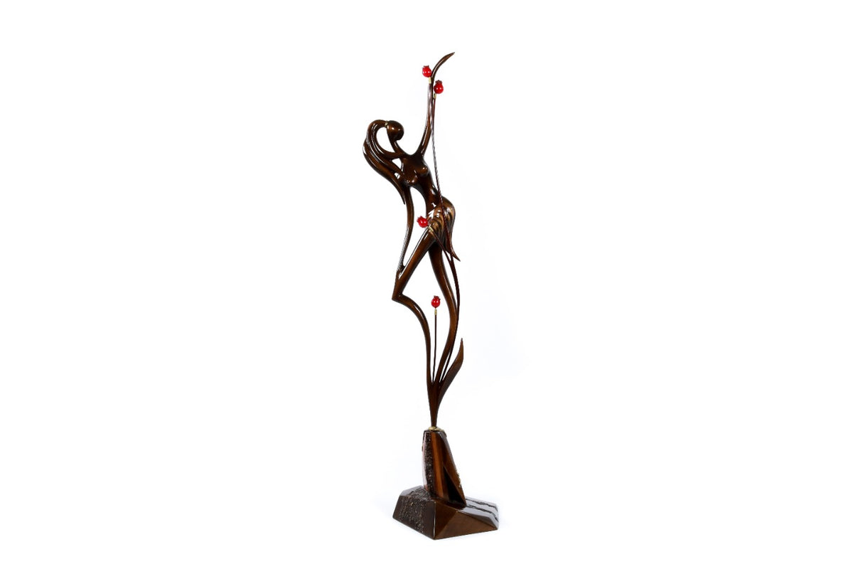 Hand-Carved Wooden Girl with Pomegranates Sculpture