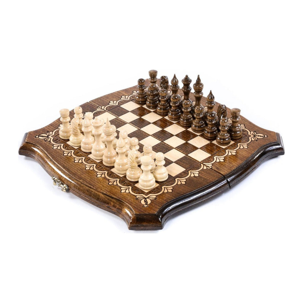 Handmade Walnut Chess and Backgammon Set with Contour Outline, 30 cm
