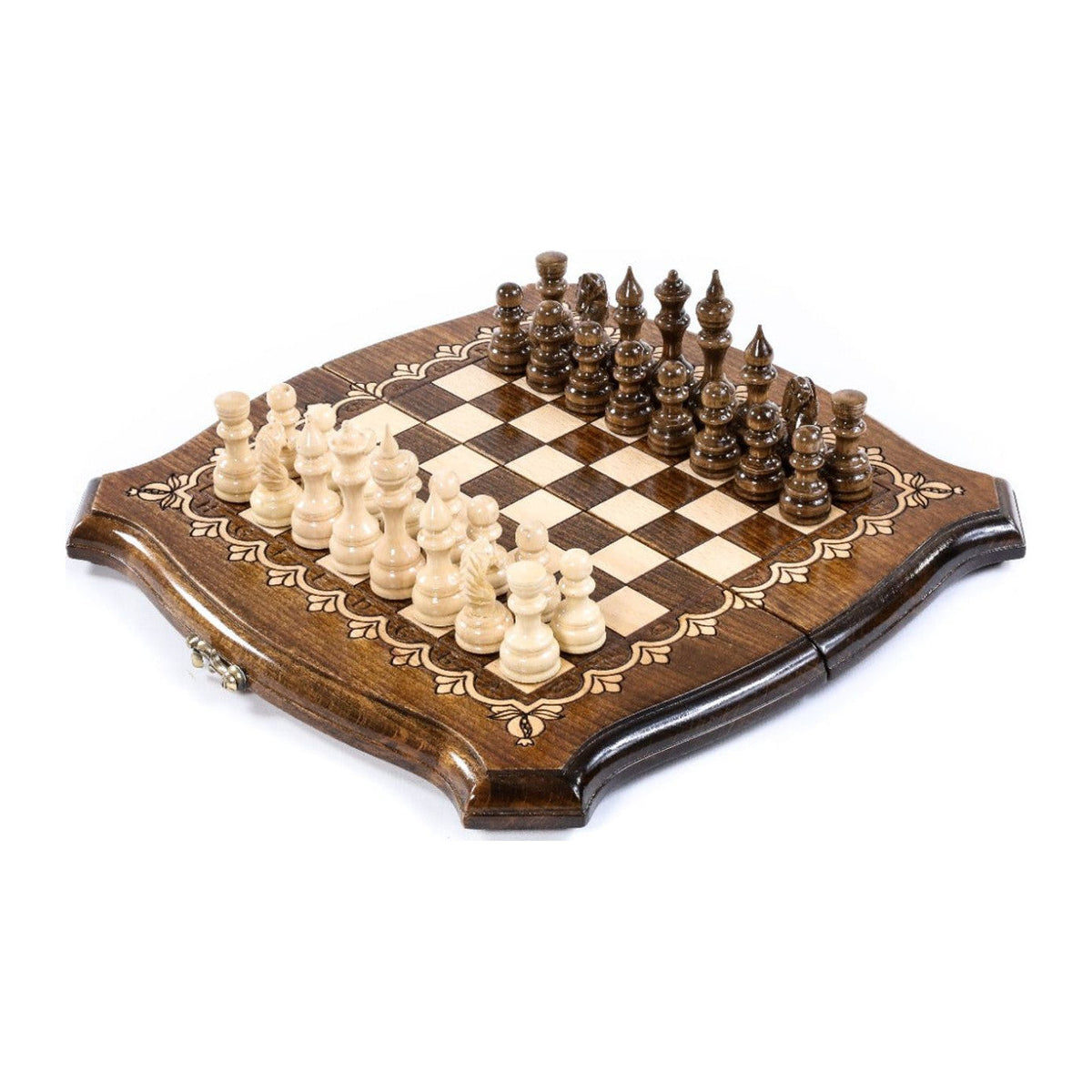Handmade Walnut Chess and Backgammon Set with Contour Outline, 30 cm