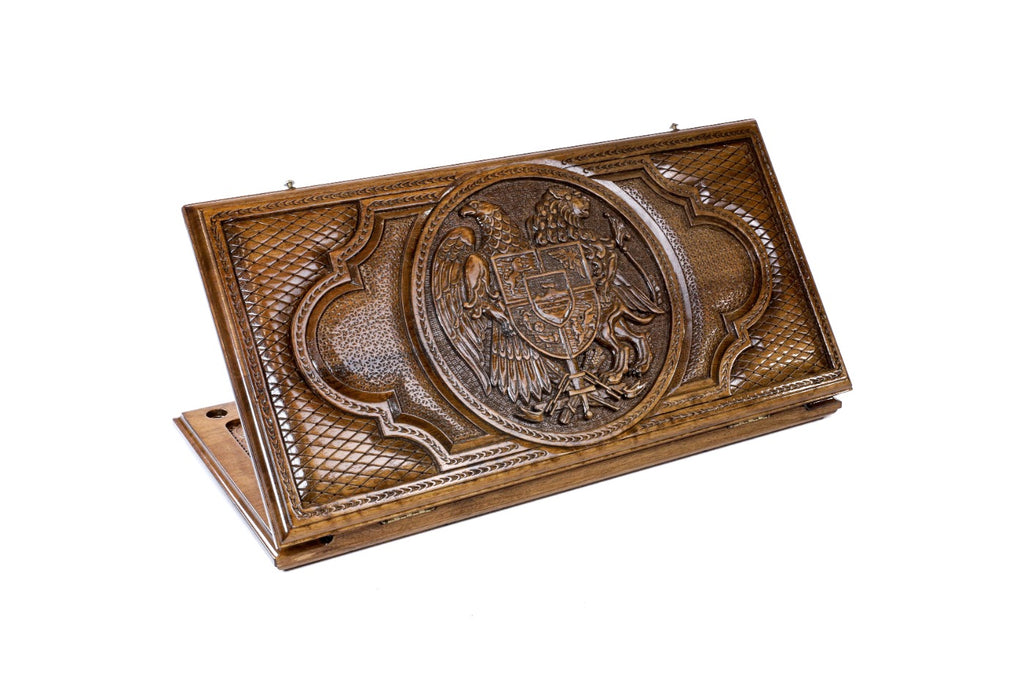 Handmade Walnut Backgammon Set with Armenian Coat of Arms, 60 cm