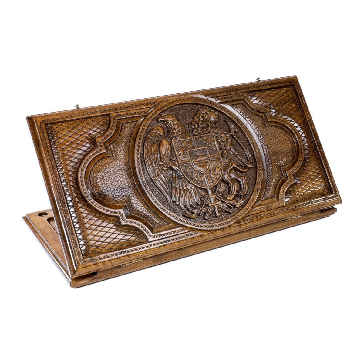 Handmade Walnut Backgammon Set with Armenian Coat of Arms, 60 cm