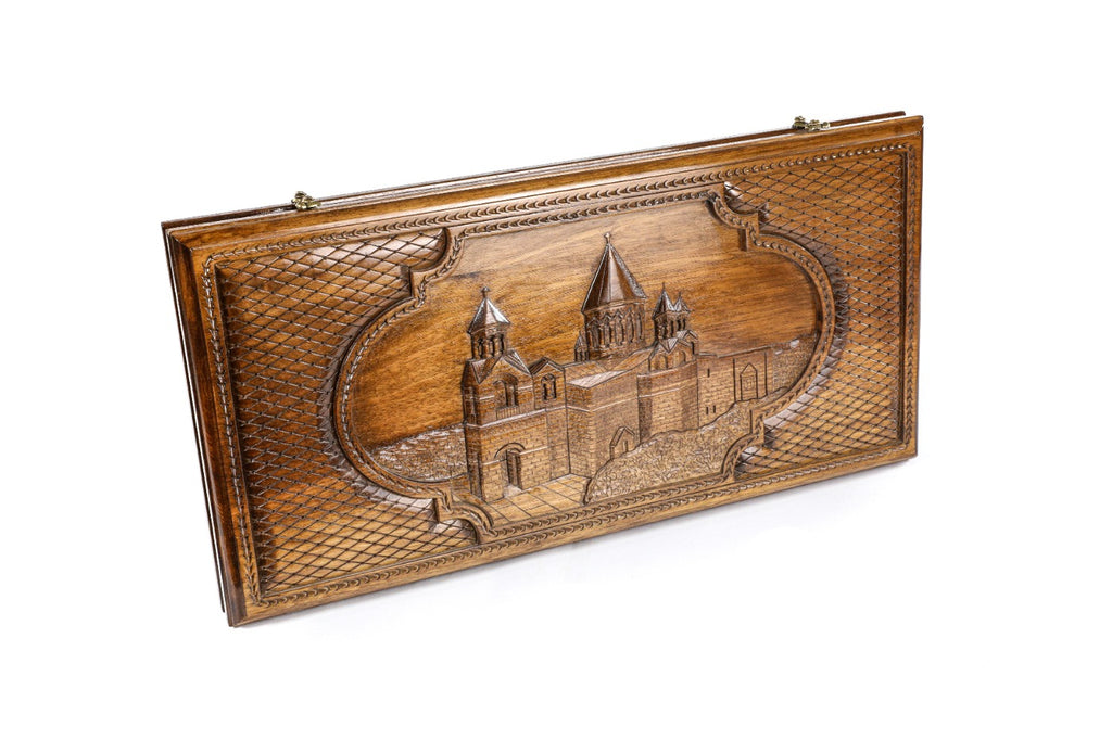 Handmade Walnut Backgammon Set with Etchmiadzin Cathedral, 60 cm - photo 6