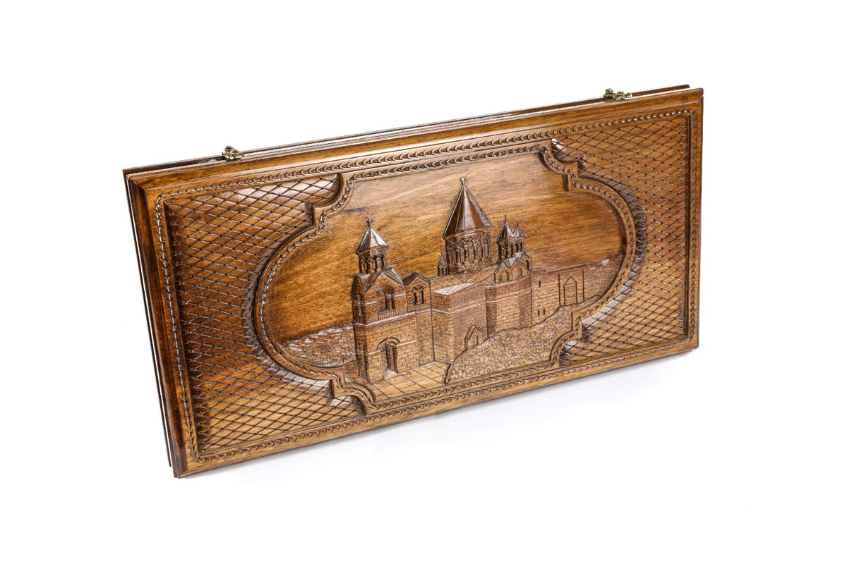 Handmade Walnut Backgammon Set with Etchmiadzin Cathedral, 60 cm - photo 6