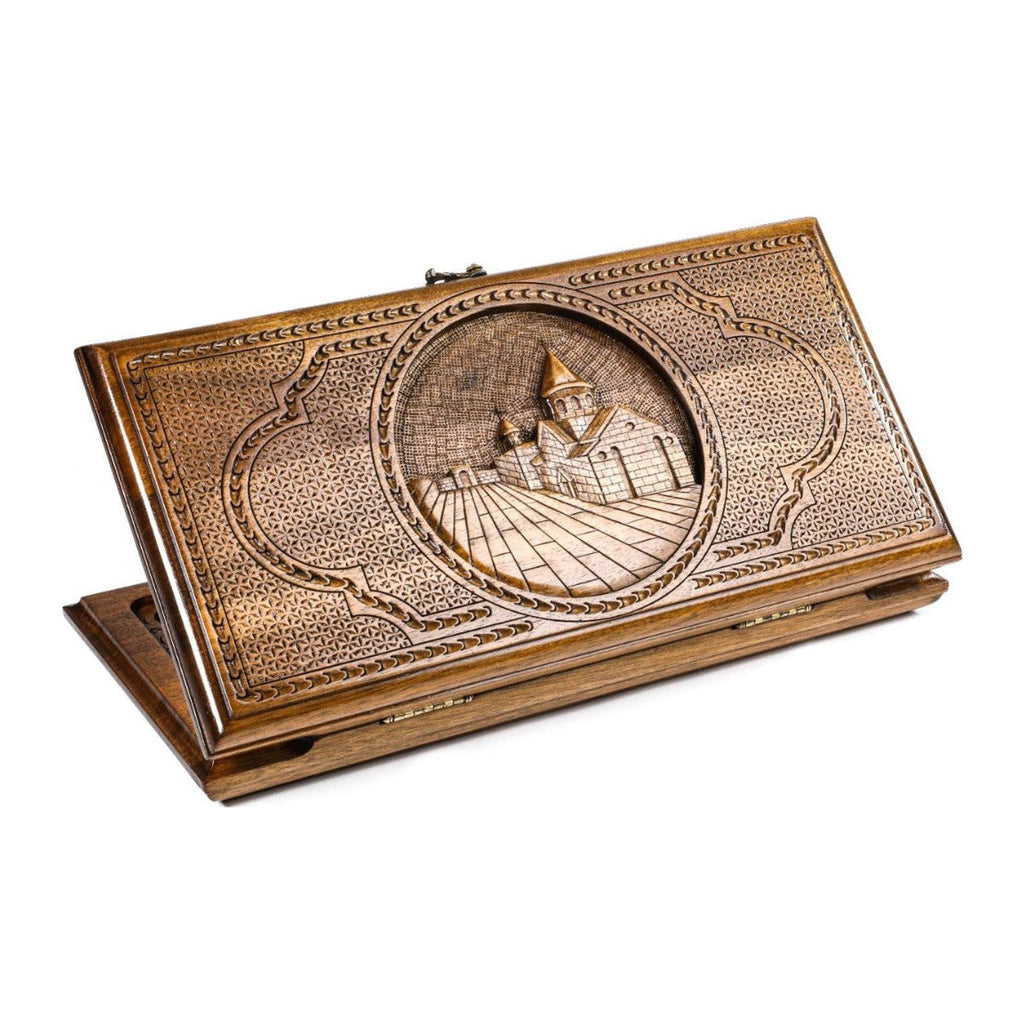 Handmade Walnut Two-Sided Backgammon Set with Garni Temple and Geghard Monastery, 40 cm