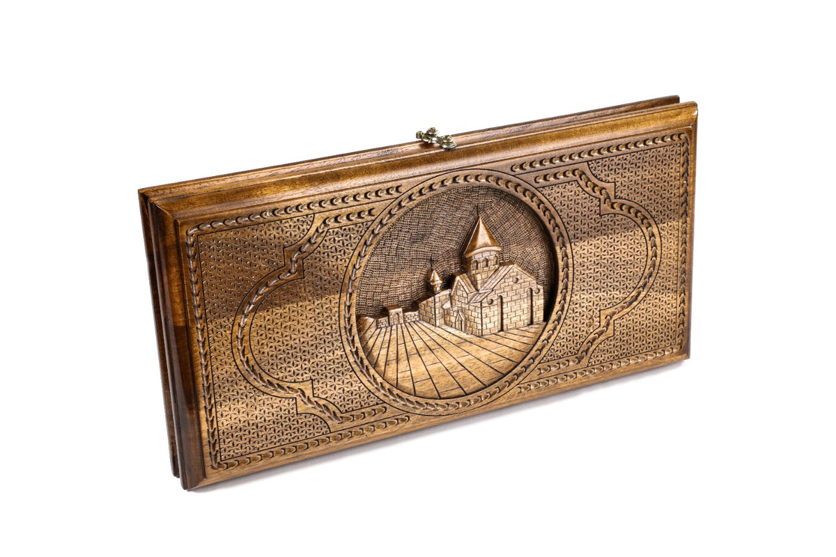 Handmade Walnut Two-Sided Backgammon Set with Garni Temple and Geghard Monastery, 40 cm - photo 7