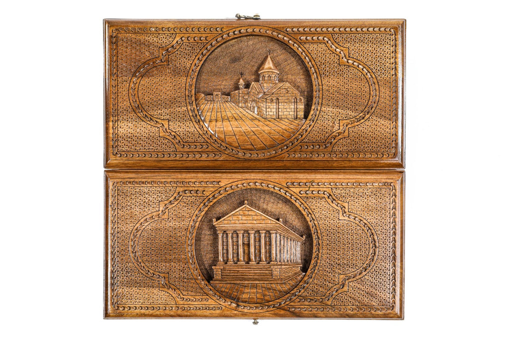 Handmade Walnut Two-Sided Backgammon Set with Garni Temple and Geghard Monastery, 40 cm - photo 4