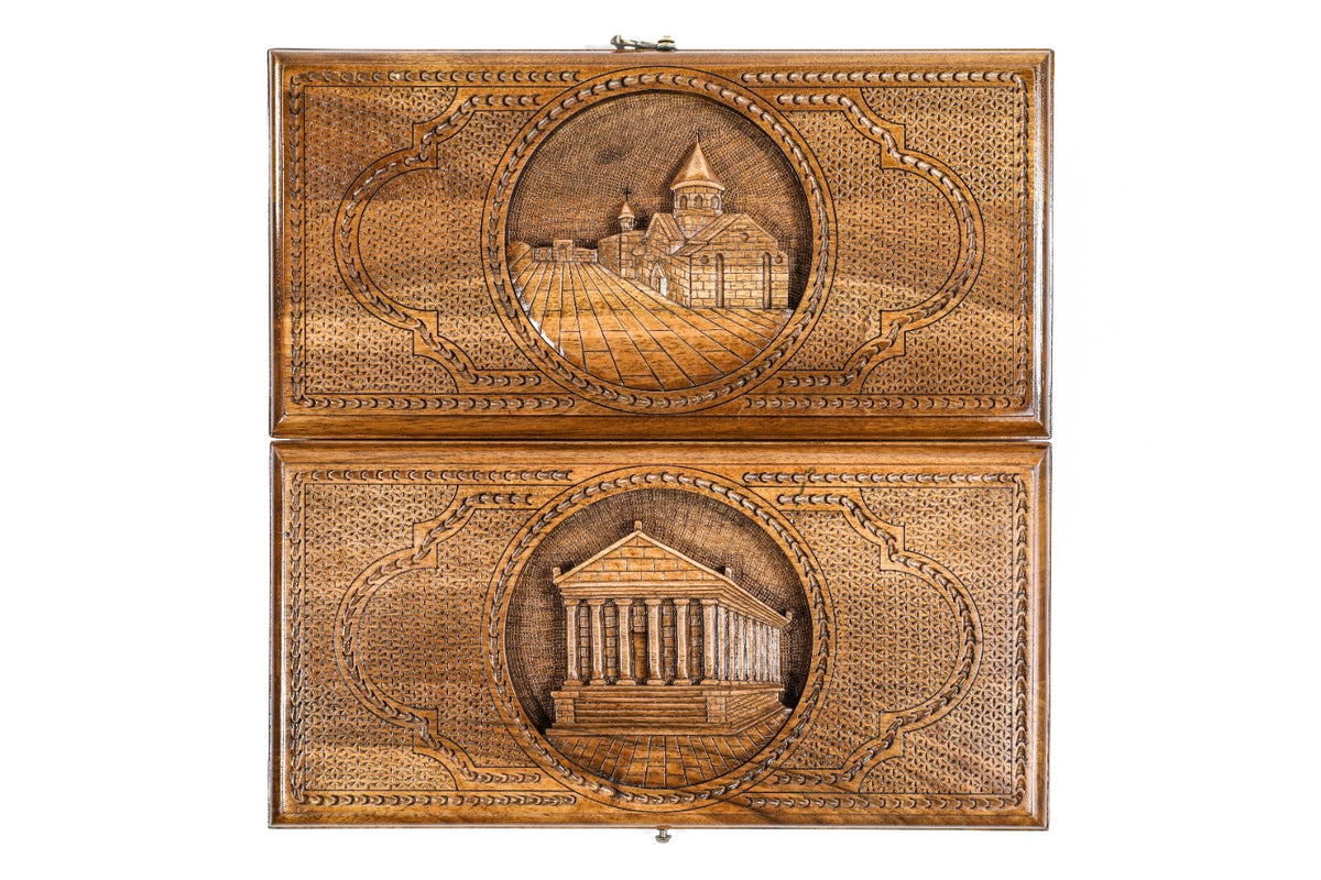 Handmade Walnut Two-Sided Backgammon Set with Garni Temple and Geghard Monastery, 40 cm - photo 4