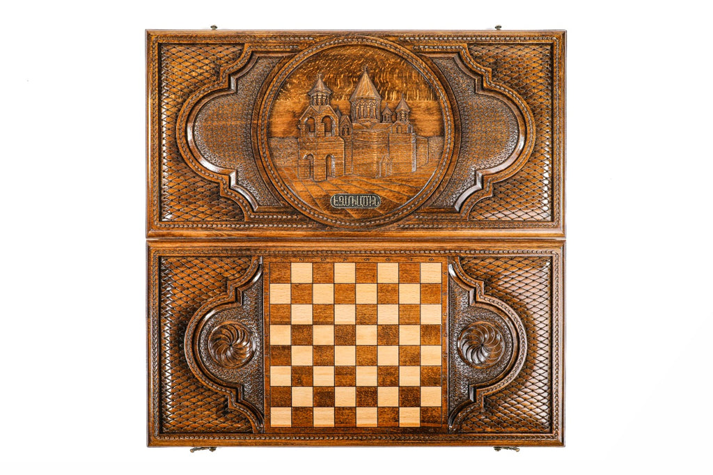 Handmade Wooden Backgammon Set with Etchmiadzin Cathedral, 60 cm - photo 11