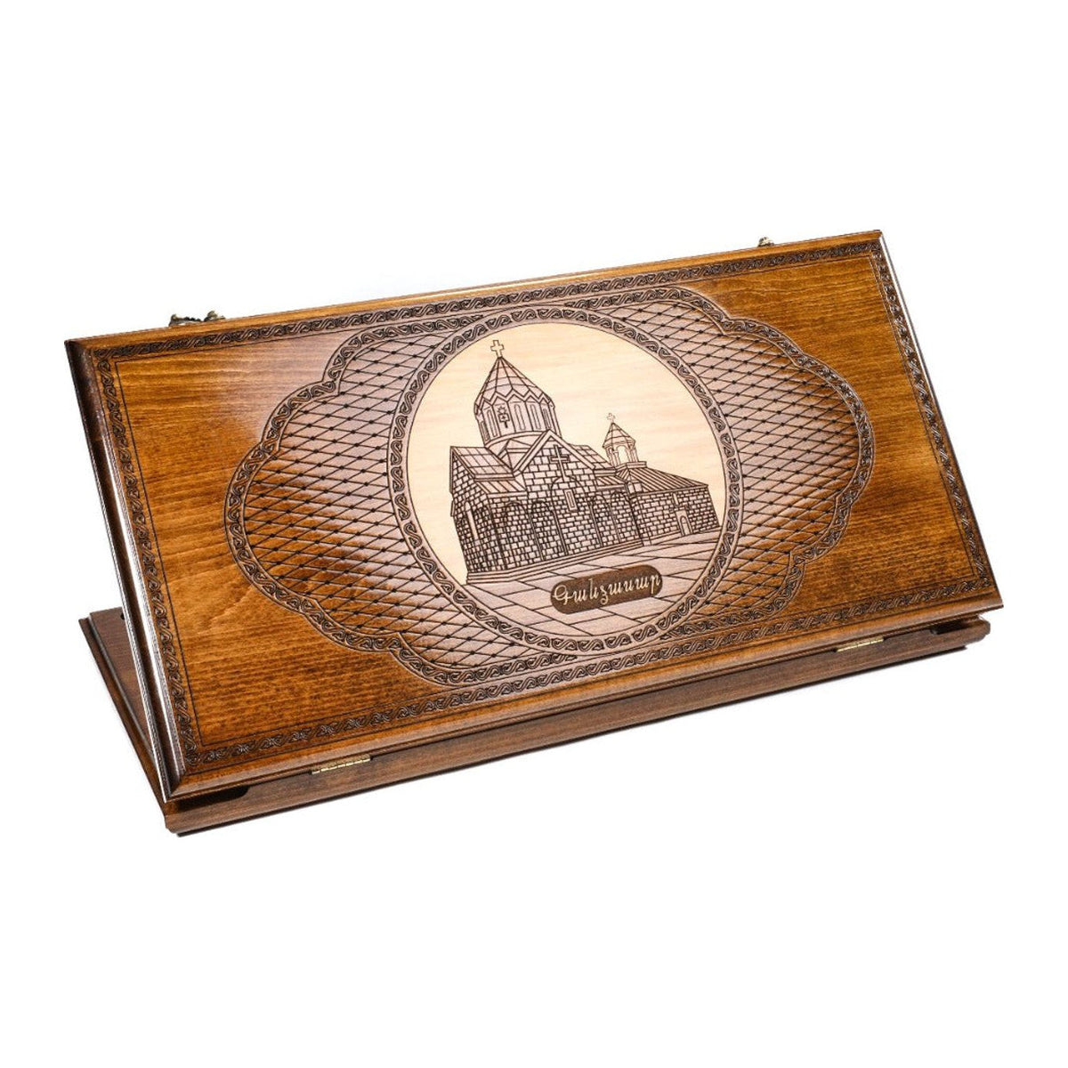 Handmade Wooden Two-Sided Backgammon Set with Artsakh Monument and Gandzasar, 60 cm (Model 11941)