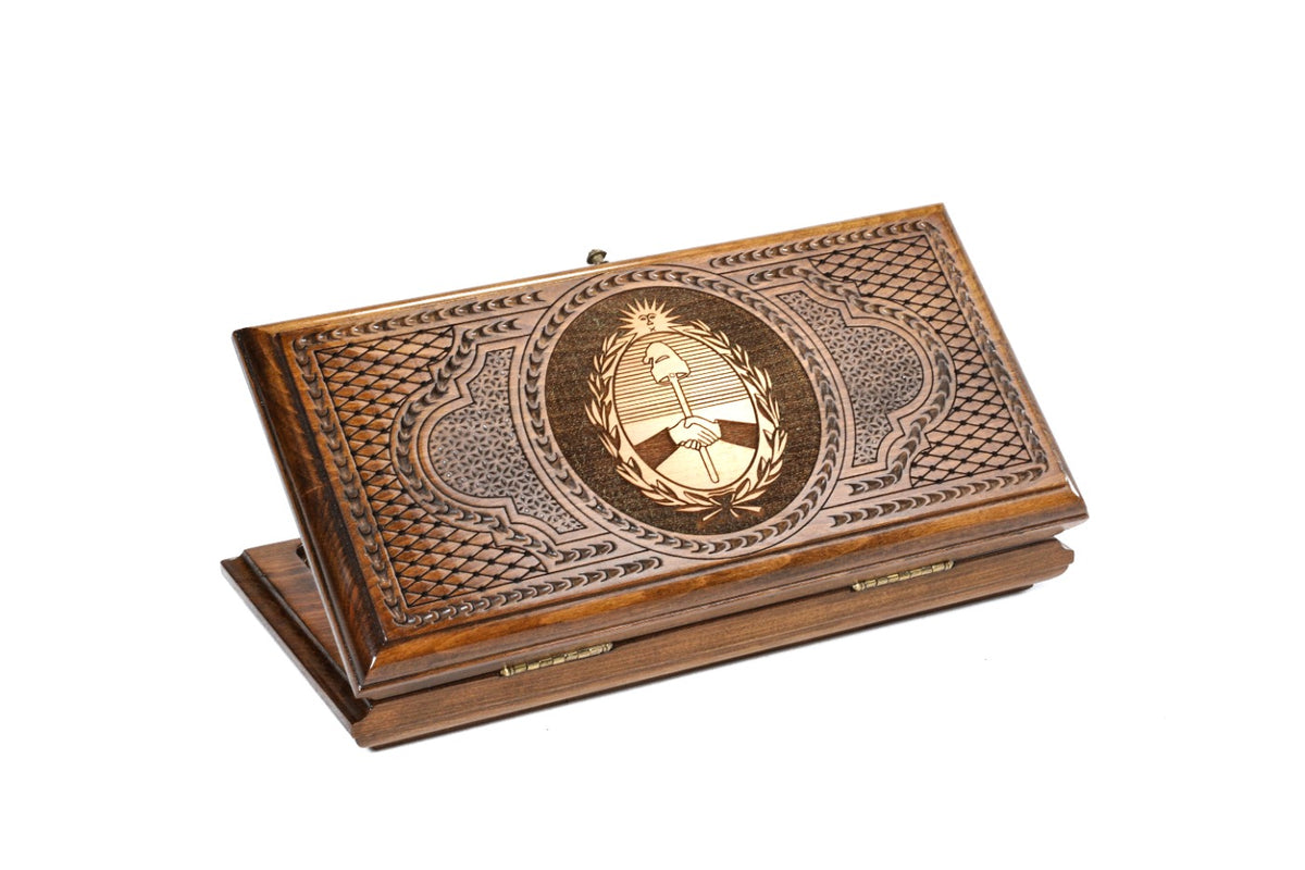 Handmade Wooden Backgammon Set with Argentine Coat of Arms, 30 cm