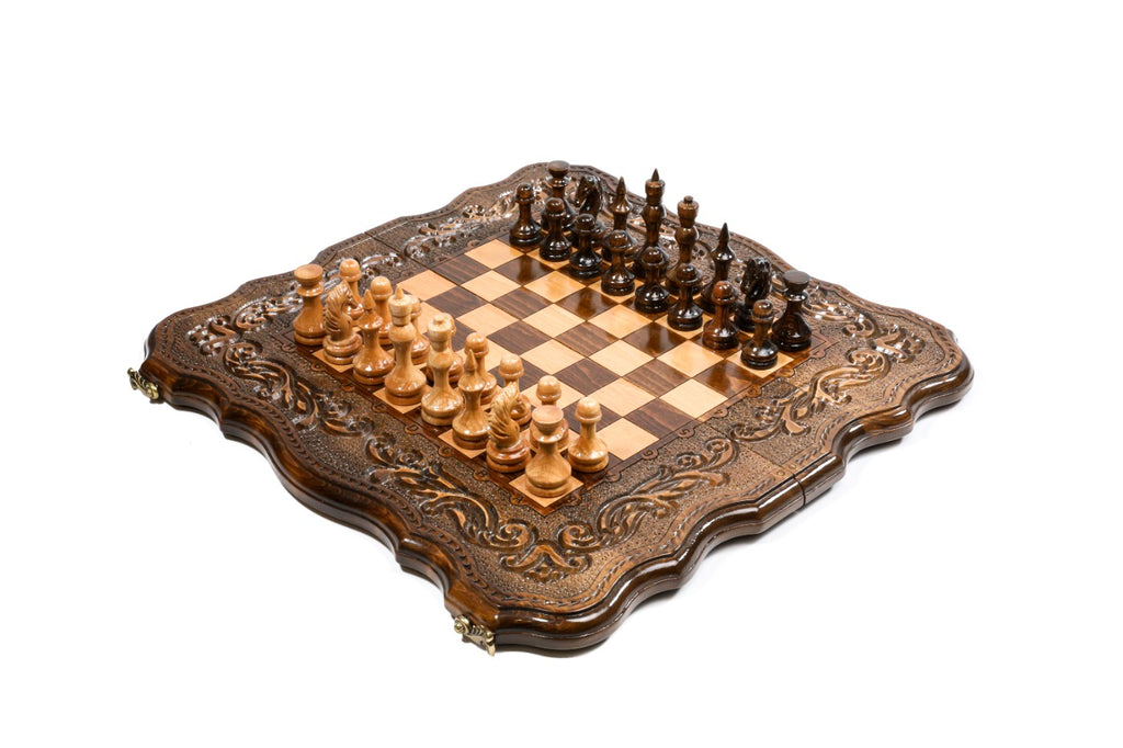 Handmade Wooden Chess and Backgammon Set with Contour Outline, 50 cm