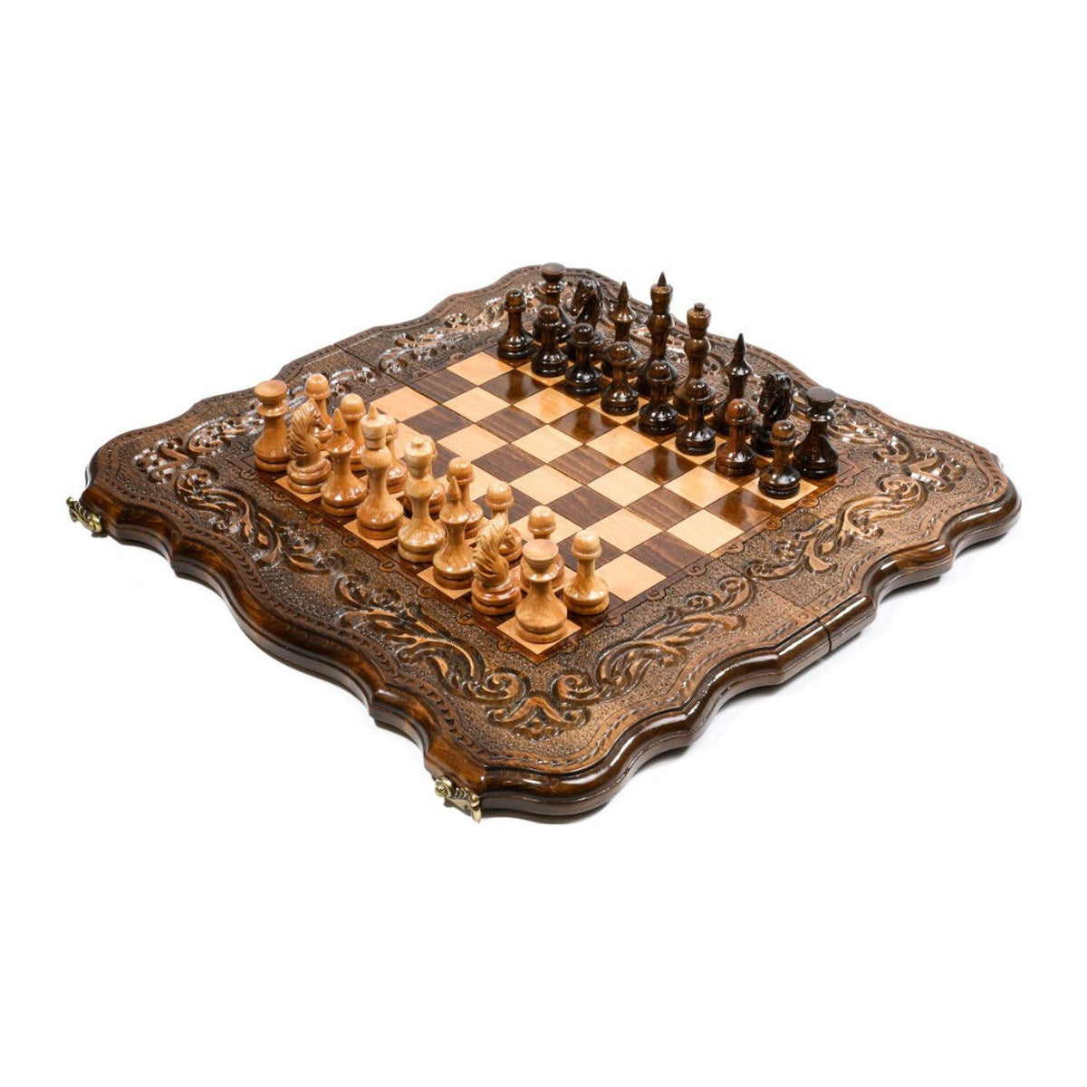 Handmade Wooden Chess and Backgammon Set with Contour Outline, 50 cm