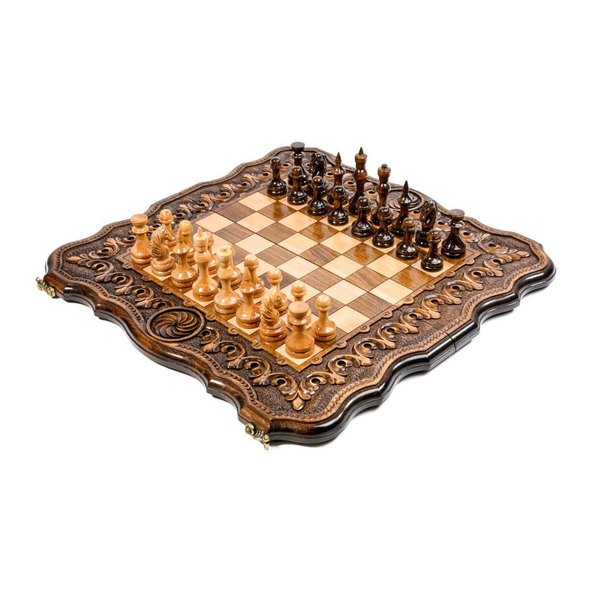 Handmade Wooden Chess and Backgammon Set with Armenian Ornament, 50 cm