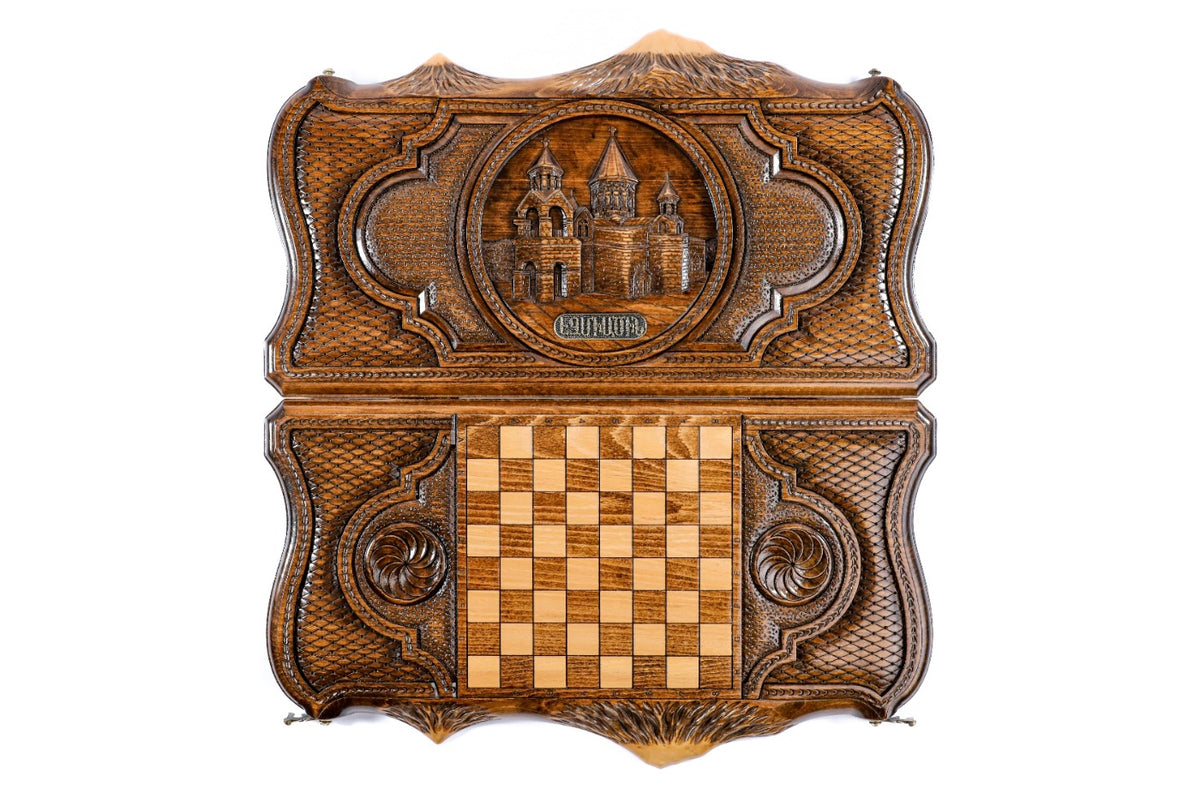 Handmade Wooden Backgammon Set with Etchmiadzin Cathedral and Ararat Outline, 50 cm - photo 11