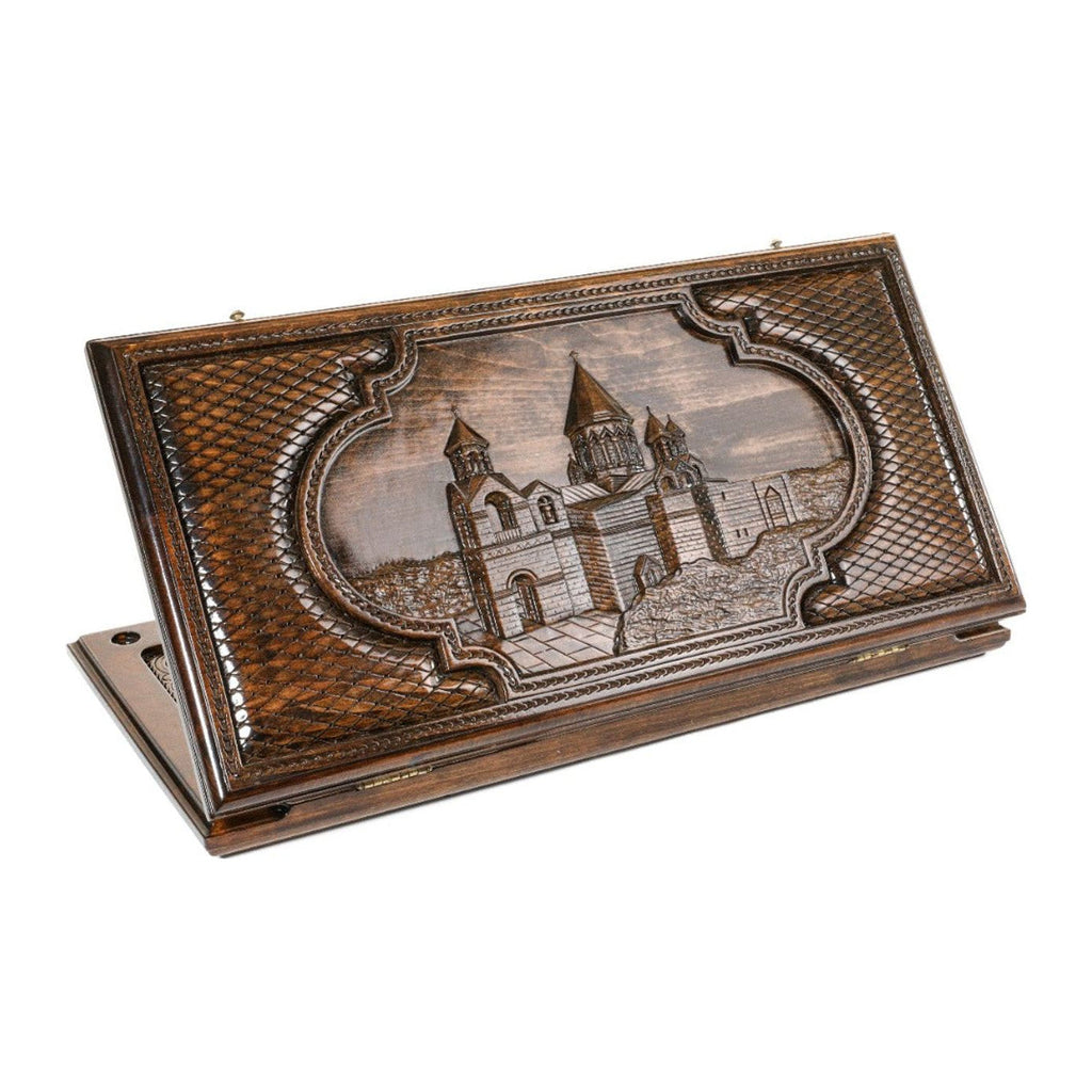 Backgammon Set with Etchmiadzin Cathedral, 60 cm – handmade wooden nardi board by Hrachya Ohanyan