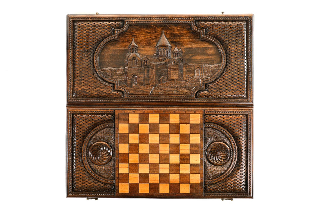 Handmade Wooden Backgammon Set with Etchmiadzin Cathedral, 60 cm - photo 11
