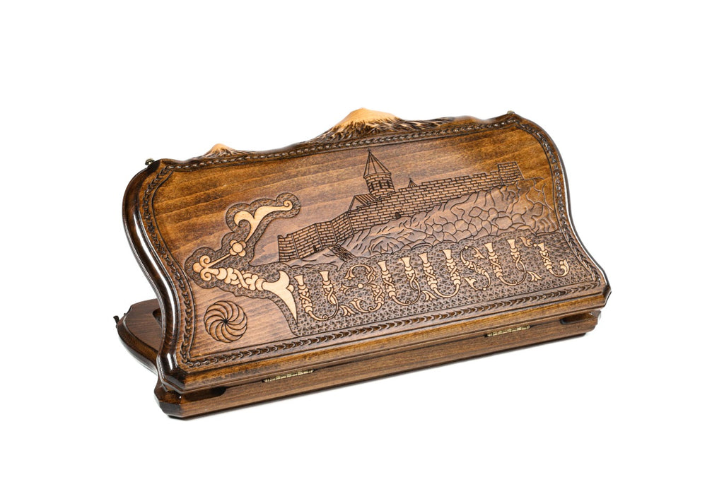Handmade Wooden Backgammon Set with Khor Virap Monastery, Hayastan and Ararat Outline, 40 cm