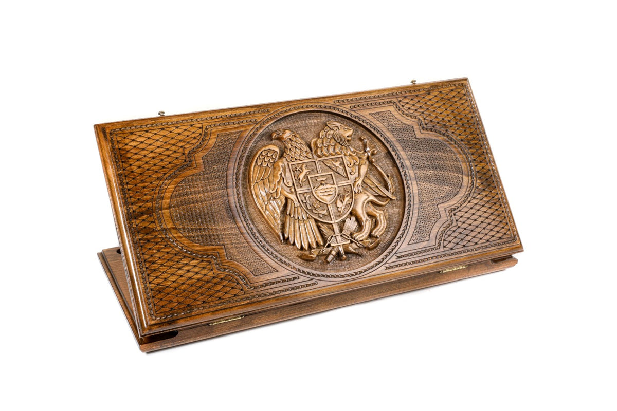 Handmade Wooden Backgammon Set with Armenian Coat of Arms, 60 cm (Model 11265)